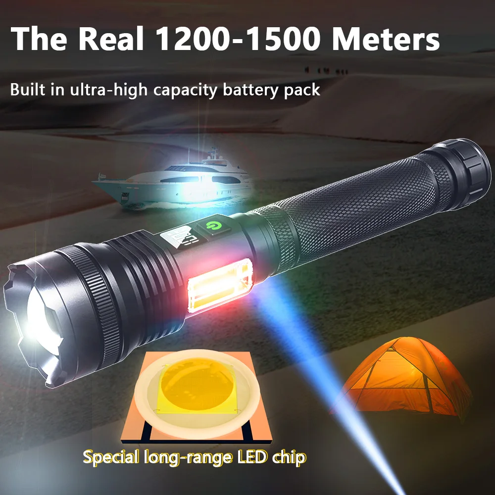 High Power Spotlight Long Range LED Flashligh+COB Side light USB Rechargeable Tactical Torch Outdoor Lantern Lamp