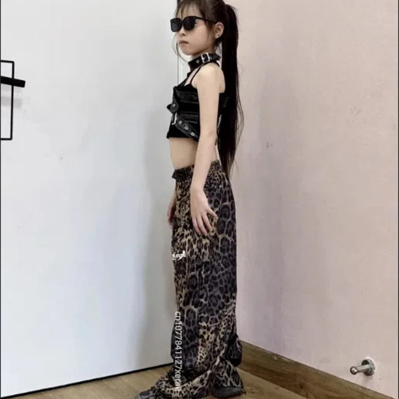 Girls' Jazz Dance Costume Black Strap Black Leather Half Sleeve Leopard Pattern Pants Girls' Street Dance Show Costume Set