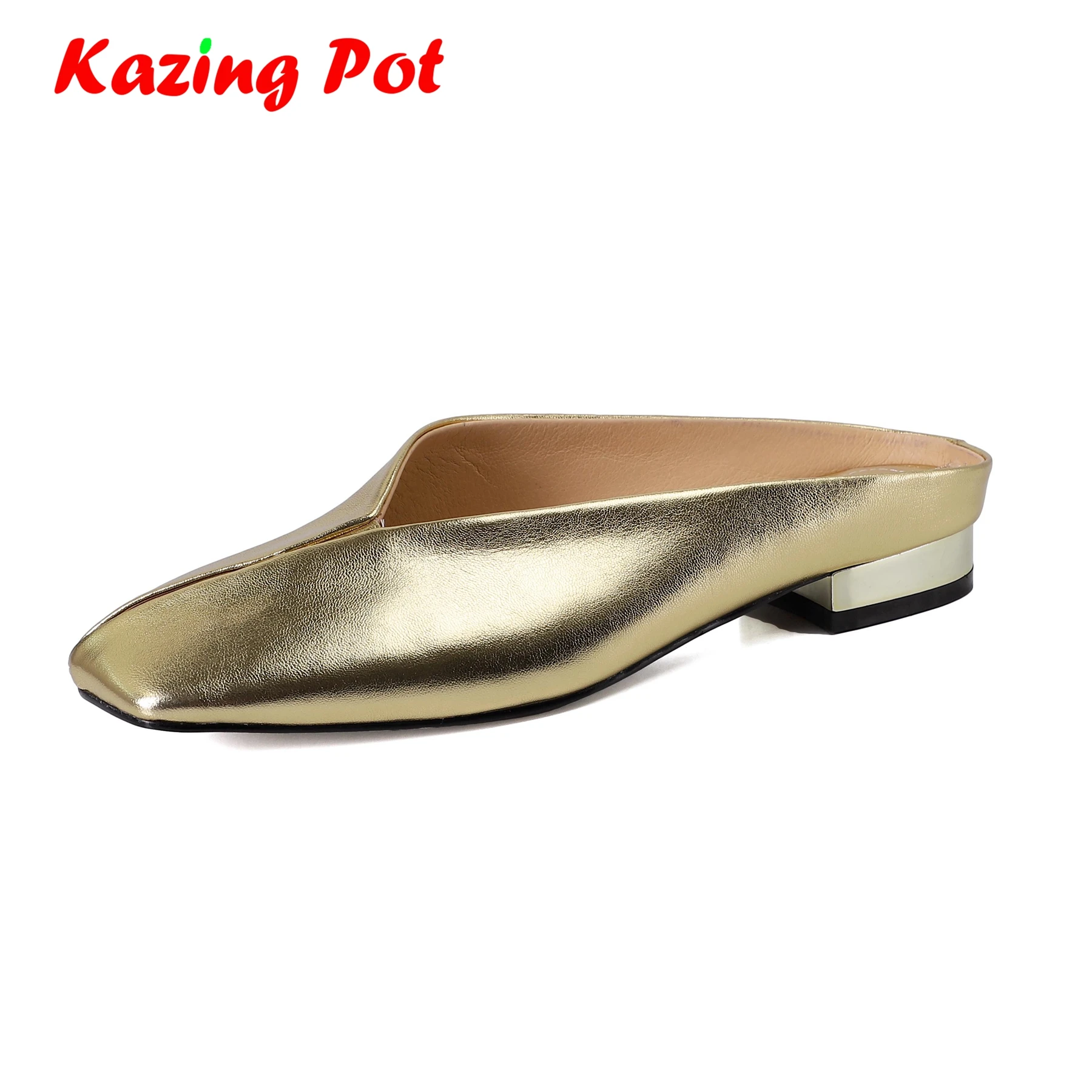 Krazing Pot Full Grain Leather Mules Gold Leisure Summer Shoes Square Toe Concise Design Women Casual Fashion Outside Slippers