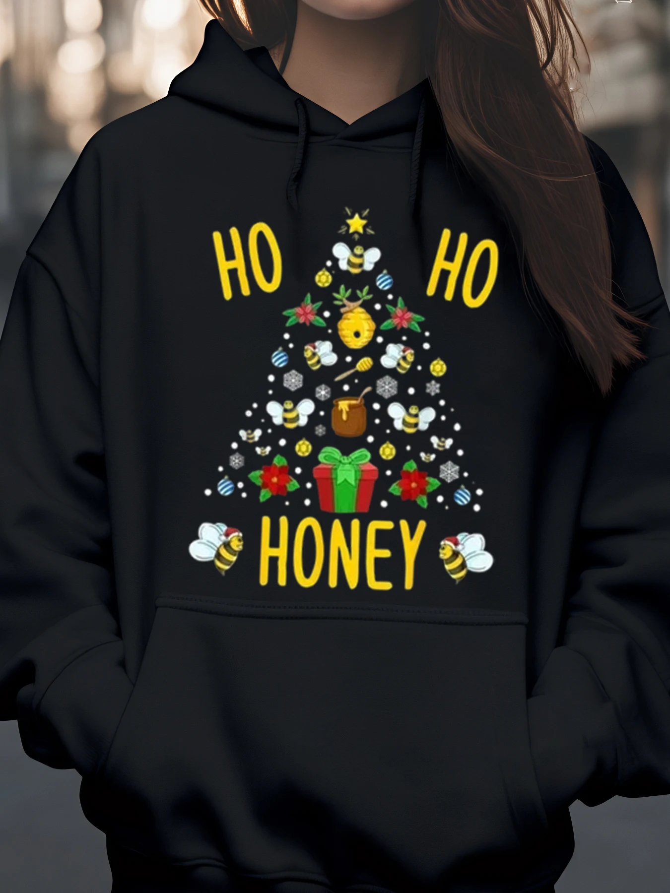 

Honey Bee Christmas Tree Print Ho Ho Honey Holiday Hoodie Casual Wear Women's Winter Sweater