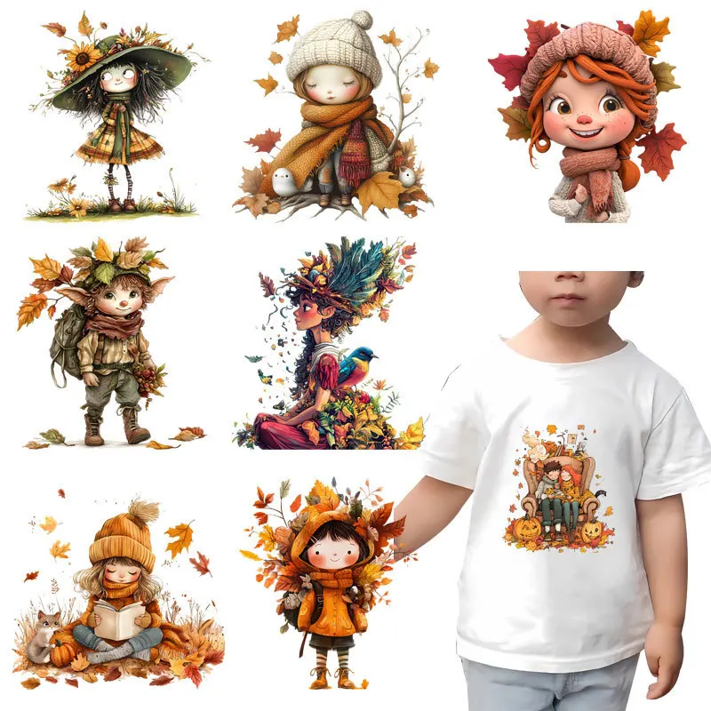 Cartoon Maple Leaf Girl Heat Transfer Patches Application Stripes on Kids Clothes ironing Printing for Tops DIY Decal decoration