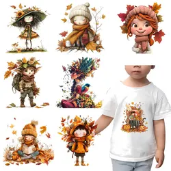 Cartoon Maple Leaf Girl Heat Transfer Patches Application Stripes on Kids Clothes ironing Printing for Tops DIY Decal decoration