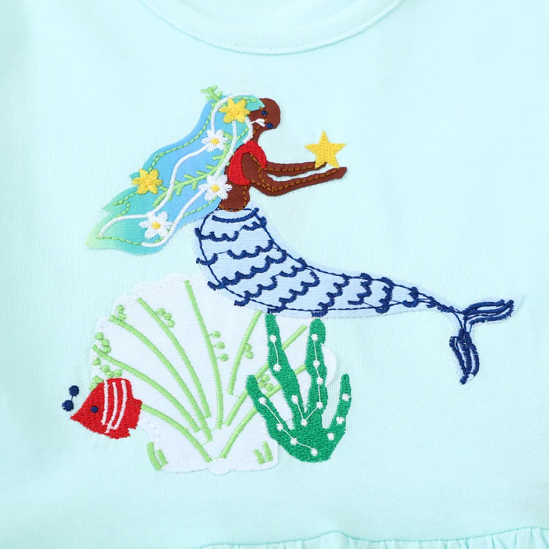 Jumping Meters 2-7T Summer Girls Dresses Mermaid Embroidery  Short Sleeve Birthday Party Children\'s Clothes Toddler Wear
