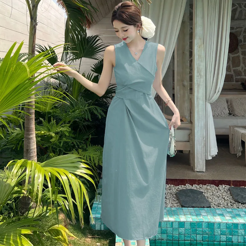 한국 패션 우아한 단색 여성용 V넥 크로스 타이 튜닉 고급 드레스 여름 캐주얼 휴가 베스트 롱 드레스