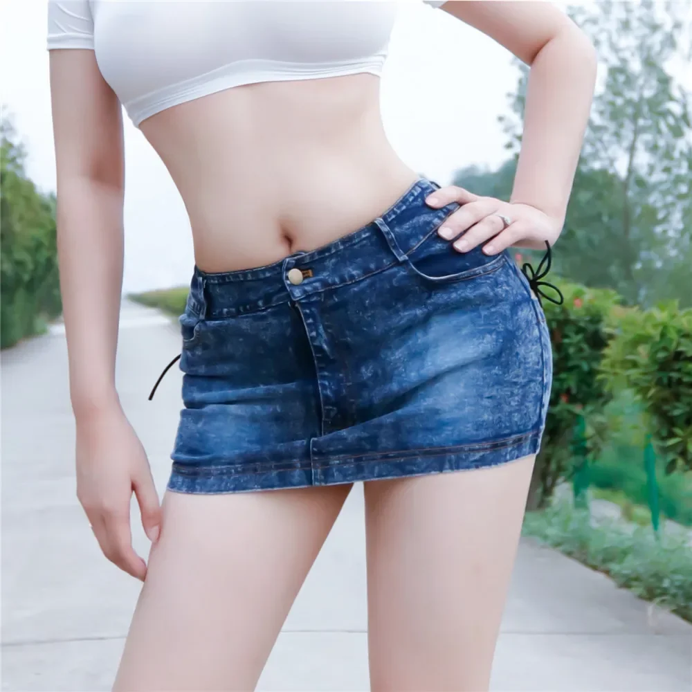 Sexy Low Waist Hollow Out Bandage Pencil Mini Jeans Skirt Tight Slim Hip Skirt Stripe Club Dance Sex Game for Women