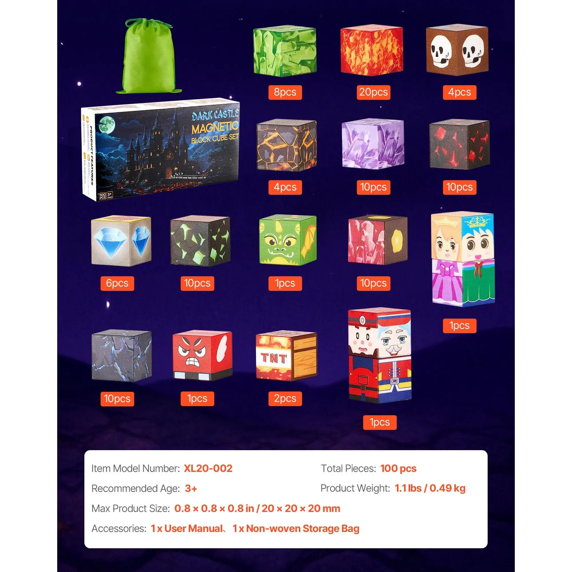 

Magnetic Blocks, 100 PCS Dark Castle Set, Magnetic Building Cubes for Kids, STEM Montessori Sensory Toys for Christmas Birthday Gift, Construction Stacking Toy for 3+ Years Old Boys & Girls