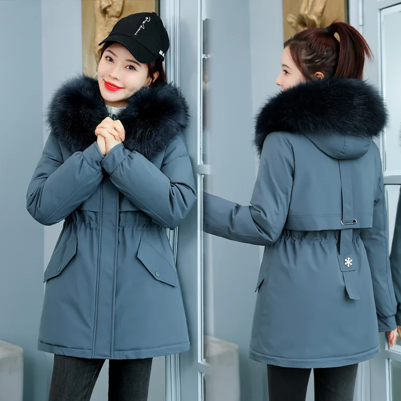 Fashion Hooded Cotton Jacket Women's Mid Length Fur Collar Trench Coat Thicken Warm Overcoat Female Add Velvet Plush Jackets