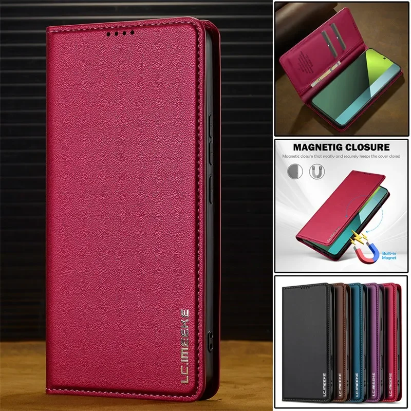 Funda Tipo Cartera De Cuero Magnético Para Redmi Note 14 5G / Poco M7 Pro 5G - Con Ranuras Para Tarjetas, Soporte, Color Rojo