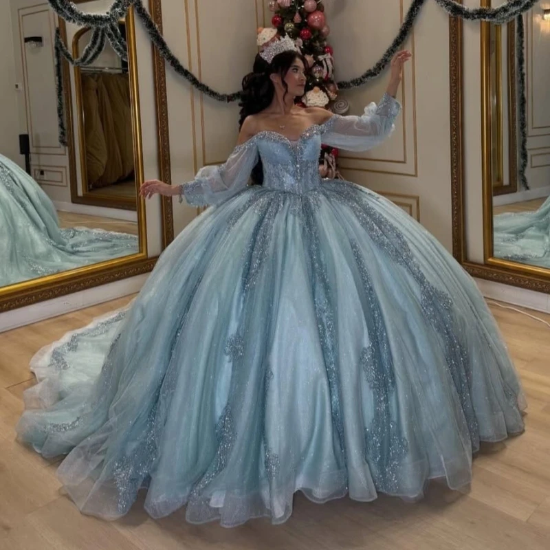 

Sky Blue Shiny Ball Gown Quinceanera Dresses Applique Lace Beading Crystal Tull Corset Off Shoulder Sweet 16 Dress Vestidos 15
