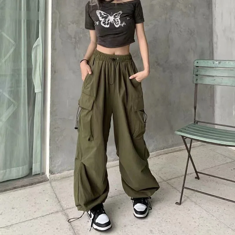 Women Vintage Cargo Pants Big Pocket Drawstring Casual Loose Trousers Fashion High Waist Long Pants Solid Colors Chic Trousers