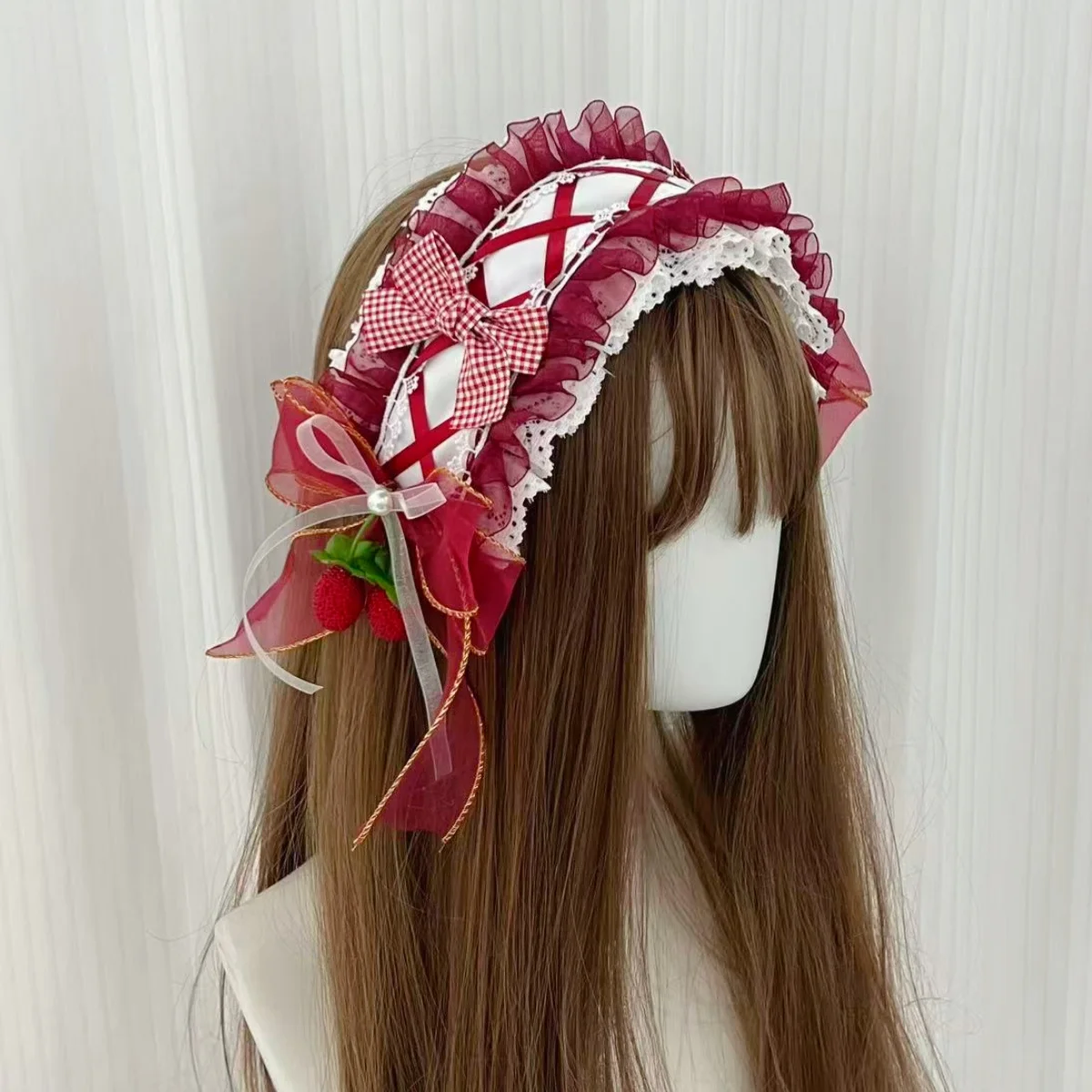 Handmade Japanese Lolita Style Red Strawberry Cake Bow Ruffled Lace Headpiece Headband Sweet Women Girls Cosplay Accessories