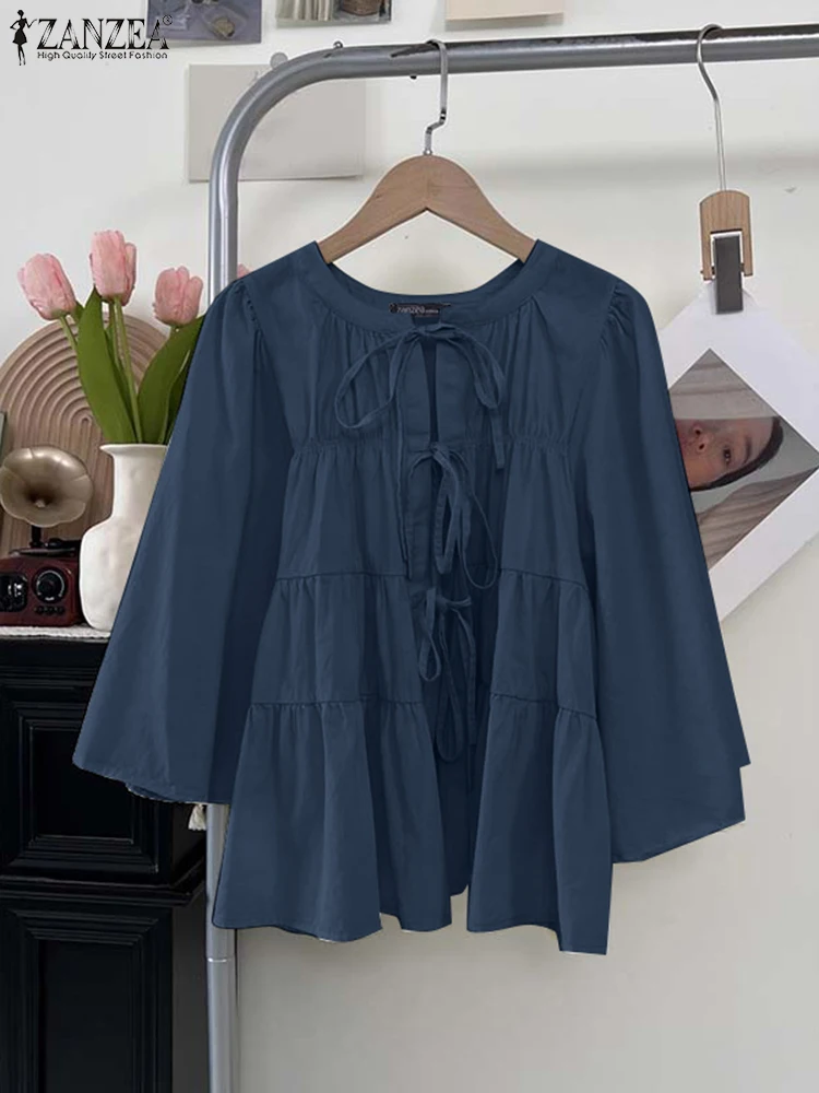 قمصان نسائية غير رسمية بأكمام مضيئة بلوزة برباط علوية برقبة دائرية سترة علوية 2025 ZANZEA بلون سادة بلوفر صيفي كبير الحجم