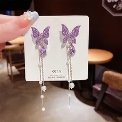 Sweet Butterfly Earrings High Sense Celebrity Style Long Style Pearl Tassels Show Face Thin Crystal Earrings Women's Ornament
