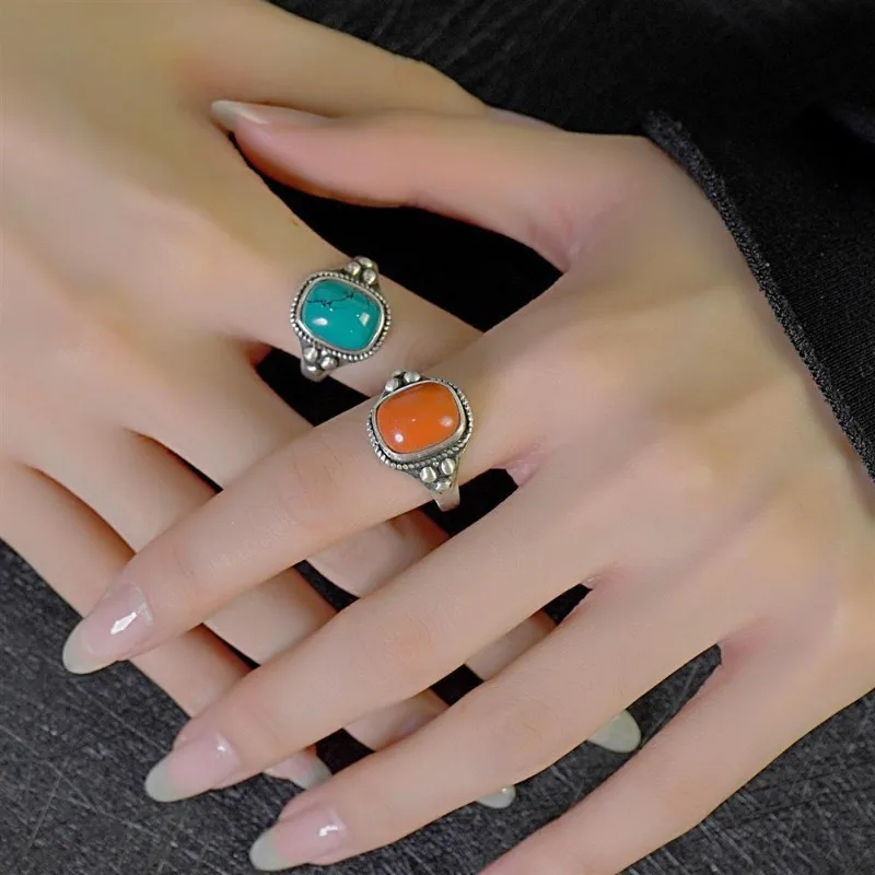 

New Vintage Square Bead Flower Inlaid Ring, Ethnic Style Adjustable Design, Delicate All-Match Minimalist Jewelry