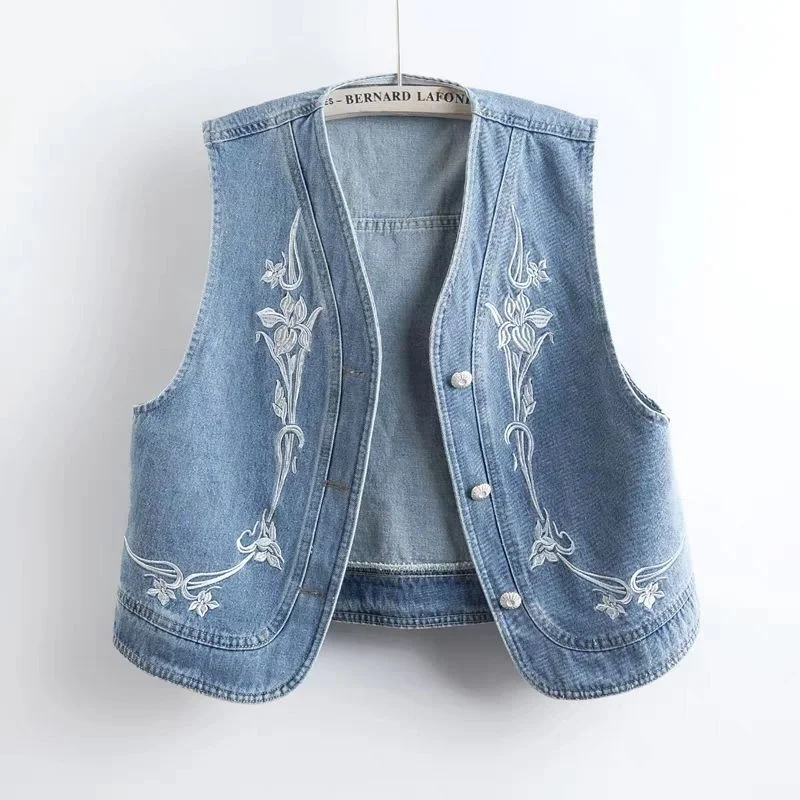 

2025 Spring Autumn Fashion Loose New Embroidered Flowers Cowboy Vest Women's Short Casual Sleeveless Waistcoat Vest Top Ladies