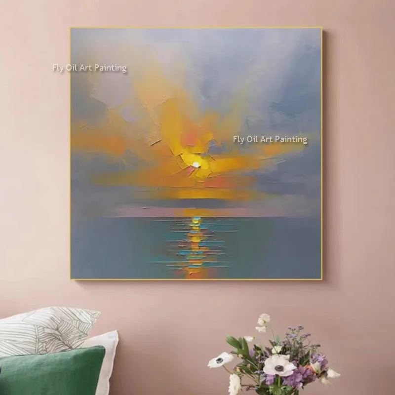 Hand Painted Sea Sun Rise Oil Painting Beautiful Blue Sea View Canvas Wall Decor Large Seascape Sun Set Artwork For Room Decor