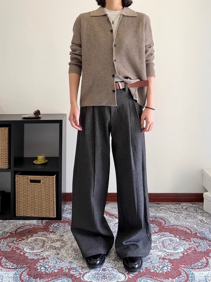 

Винтажные повседневные брюки прямого кроя для мужчин, с высокой талией, двойными складками, широкими штанинами, в стиле ретро, универсальные, CleanFit, длинные брюки