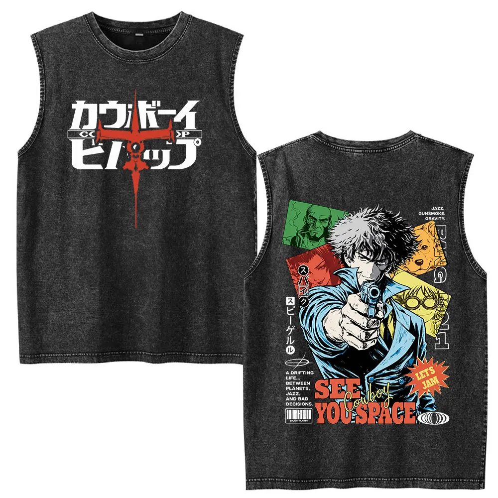 Cowboy Bebop Spike Spiegel Faye Valentine Anime Washed Tank Tops T Shirts Men Women Clothing Oversized Sleeveless Vest T-shirt