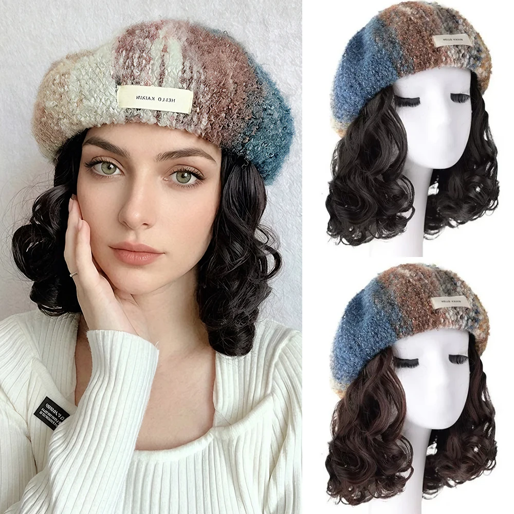 Wig Hat Women's All in One Autumn/Winter New Fashionable Long Curled Hair Rainbow Oil Painting Beret Simulated Hair Wig Headset