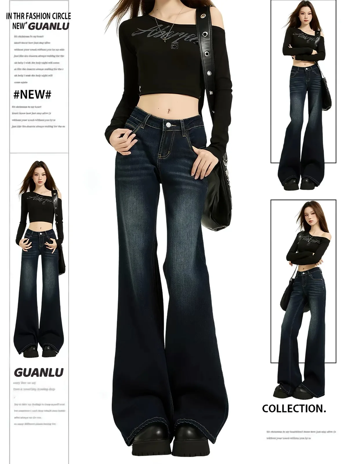 Deep Blue American Style Bell Bottoms Loose Fit Low Waist Jeans Casual Wide Leg Pants for Students High School And College