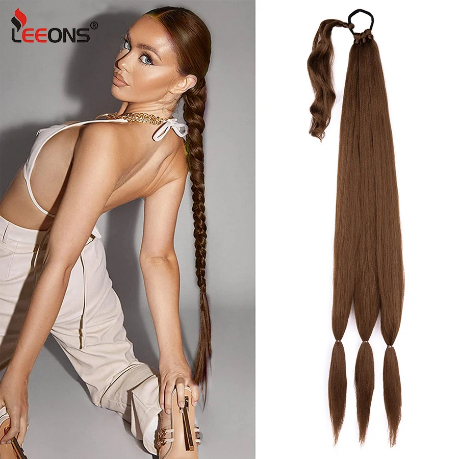 Synthetic 26 36 Inch Diy Braided Ponytail Extension Long Kinky Straight Wrap Around Ponytail Hair Piece For Women Black 150G