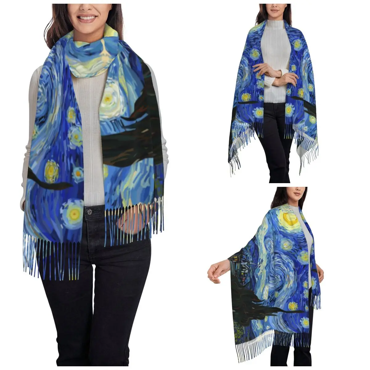 Van Gogh Painting Scarf Womens Winter Cashmere Shawls Wrap Starry Night Art Dutch Long Large Scarves with Tassel Evening Dress