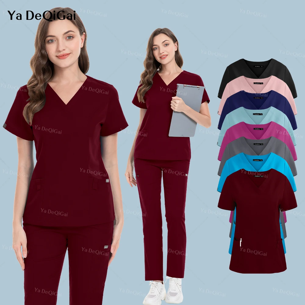 Uniformes d'infirmière à col en V pour femmes, vêtements cliniques médicaux, ensemble de sangle de soins infirmiers, vêtements de travail pour médecins hospitaliers, uniforme de propor, salopette de dentiste