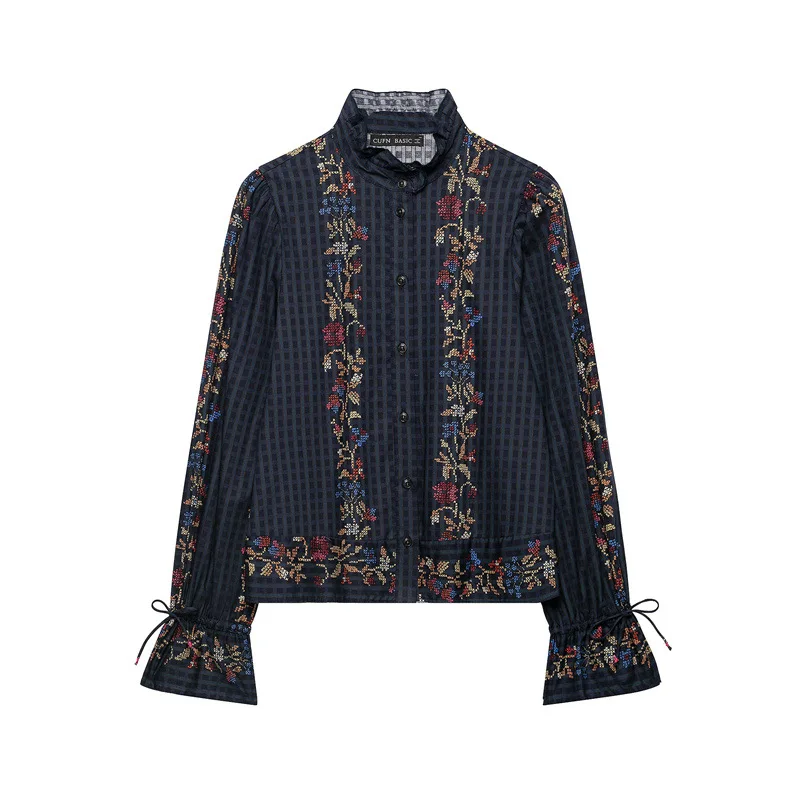 Womens Vintage Floral Embroidered Plaid Shirt Stand Collar Bow Drawstring Sleeve Blouse Retro Boho Casual Cottagecore Blouse