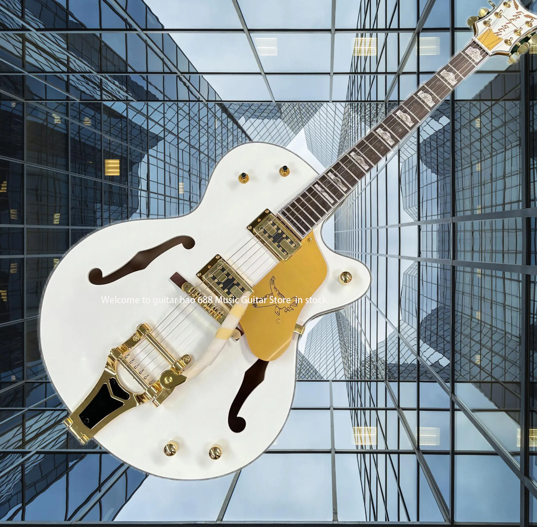 Guitarra eléctrica blanca de 6 cuerdas, cuerpo hueco, música jazz, panel con orificio F, alto brillo, buena calidad de sonido, guitarra de regalo navideña