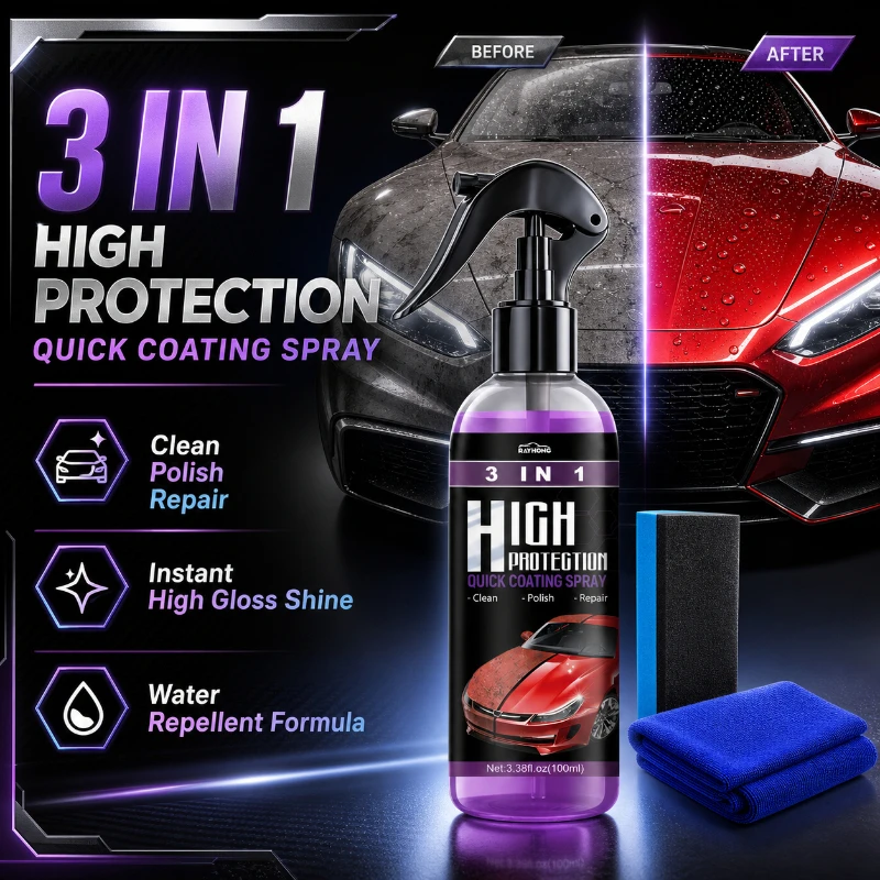 Car Wax Ceramic Coating - 3 IN 1 สเปรย์เคลือบเซรามิกรถยนต์นาโนคริสตัลไฮโดรโฟบิกเลเยอร์การป้องกันขั้นสูงแว็กซ์ขัดเงารถยนต์ซ่อมแซมรอยขีดข่วนตัวถังรถยนต์ 100 มล.