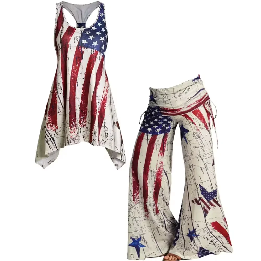 Women's Plus Size Tank and Flare Pant Two Piece Set Flag Print Vintage Asymmetric Hem High Waist Casual Woman's Matching Sets