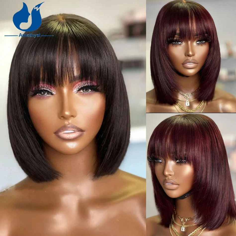 

Amethyst Natural Layered Bob Wig Human Hair For Women with Bangs Pixie Cut Bob Wig Brazilian Remy Hair Burgundy Red 99J Color