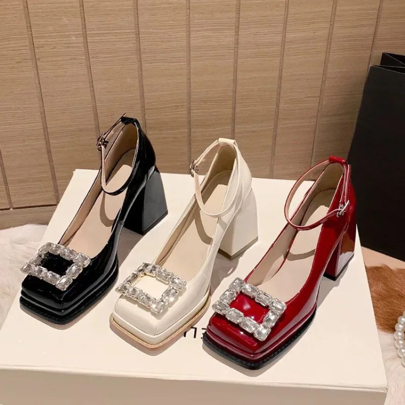 Waterproof Platform Mary Jane Shoes Thick Sole Women's High Heels New Chunky Heels Rhinestone Square Buckle Dress Ladies Pumps