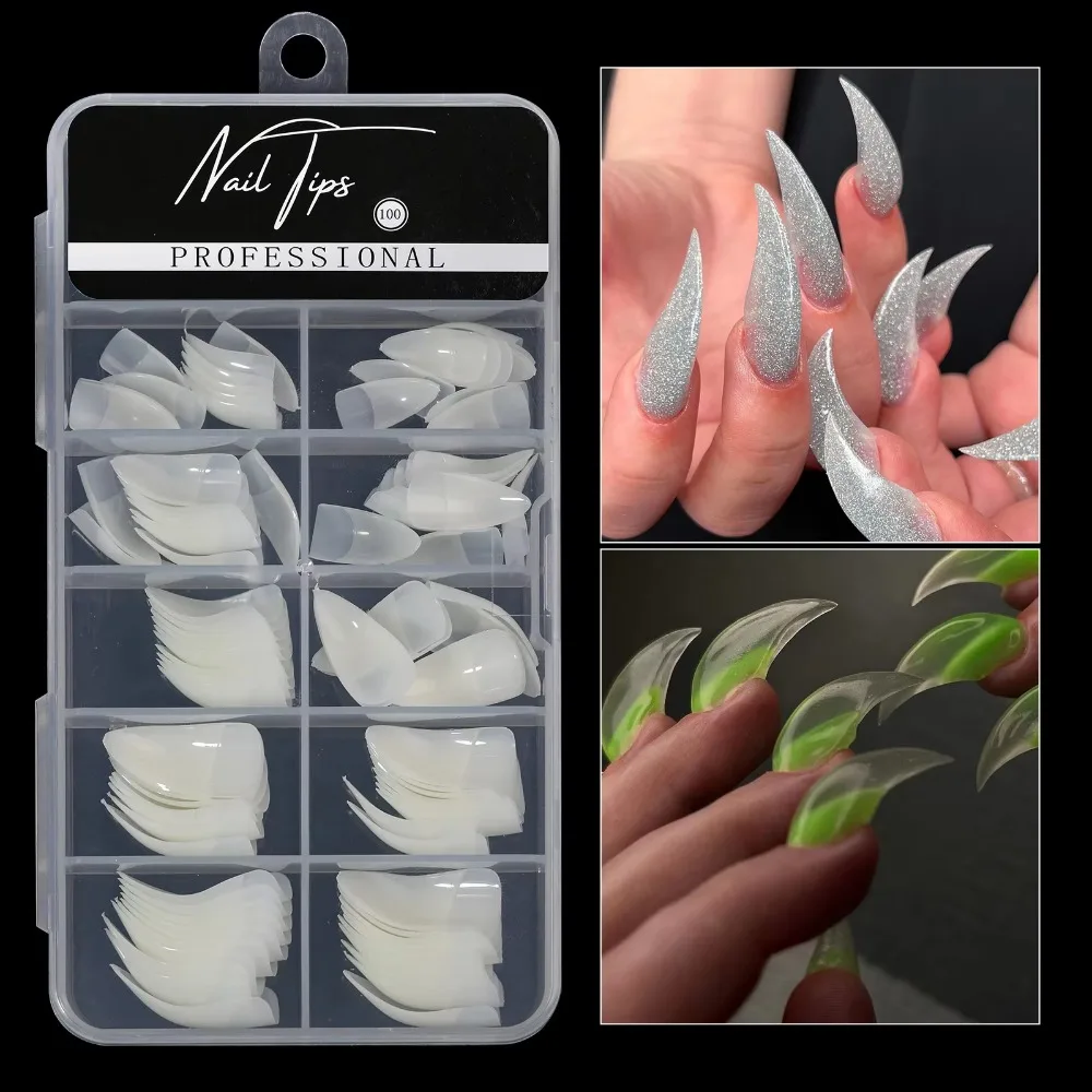

100pcs Eagle Claw Special Shaped False Nails Curved Stiletto Transparent Hawk Carving Nails Full Cover Molds Fake Nails