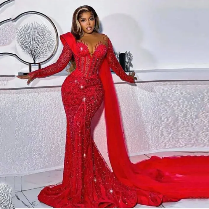 

Роскошные красные вечерние платья-русалки с длинными рукавами и бисерной отделкой, вечерние наряды больших размеров, платья для выпускного вечера с пайетками