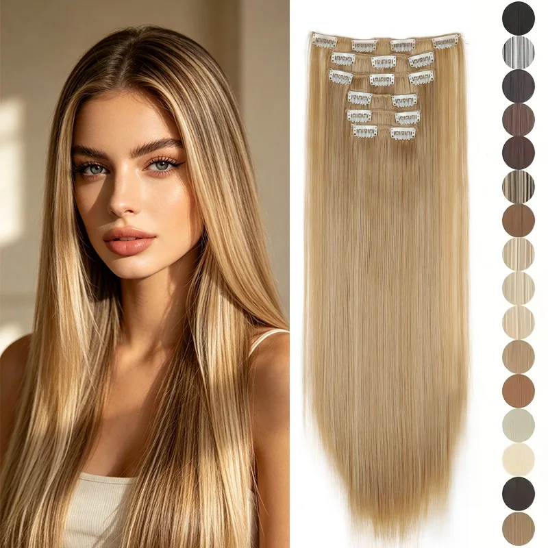 24Inch Synthetic 6pcs/set Long Straight Hair Extension Increasing Volume Extending Soft Comfortable Hairpiece for Women