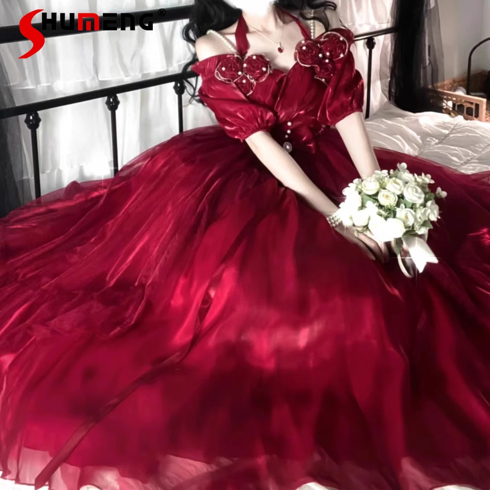 

Original Sweet Elegant Princess Birthday Party Dress Off-Shoulder Puff Sleeve 3D Flower Bow High Waist Lolita Puffy Dress Women