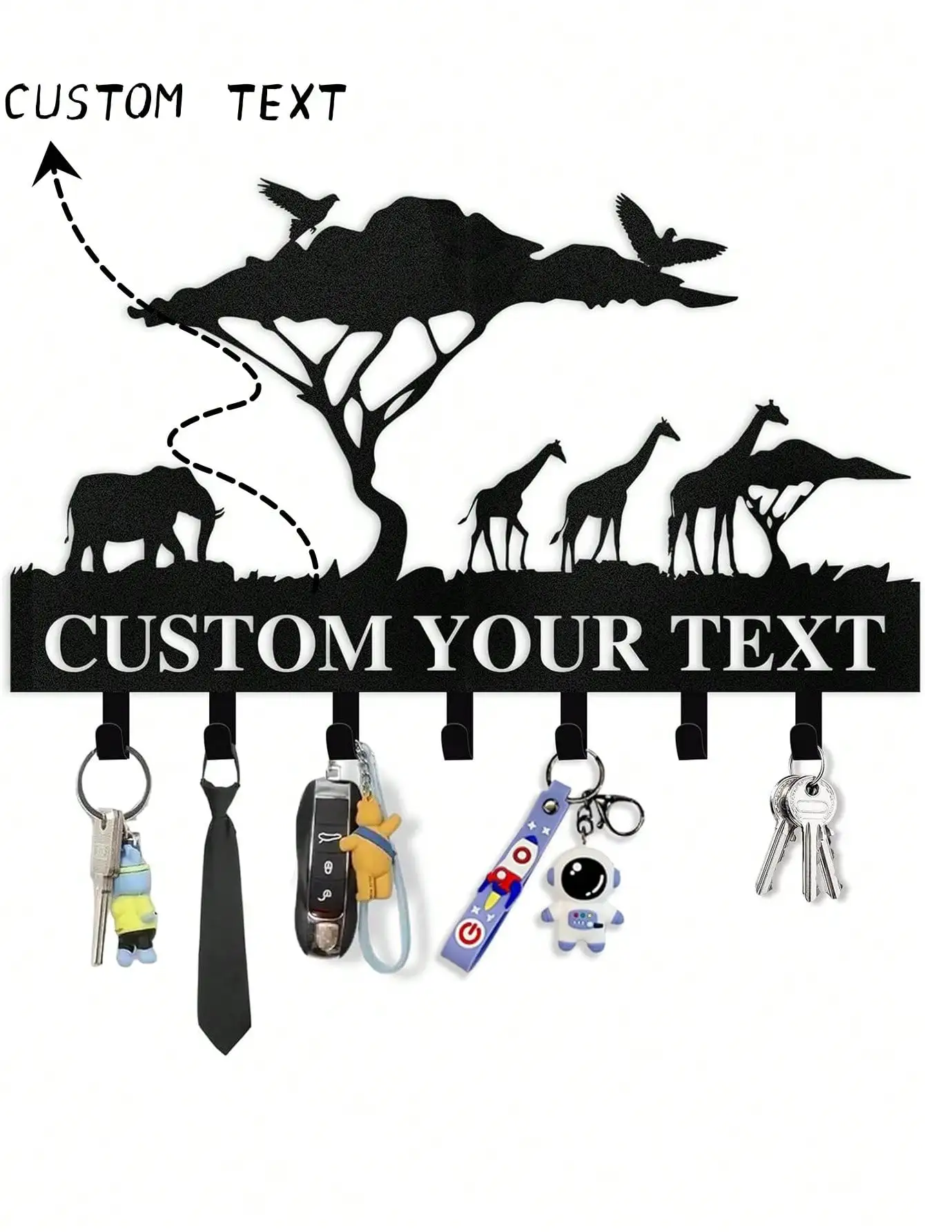 

Personalized Metal Key Holder Wall Mounted Coat Rack Custom Name Entryway Organizer Animal African Art Decor