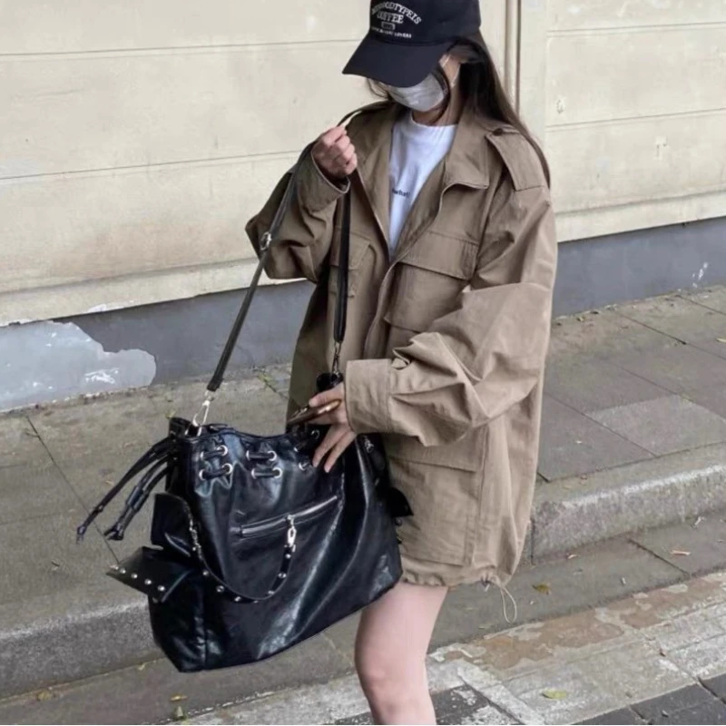 

Японский стиль Харадзюку из искусственной кожи Y2k, крутая большая вместительная сумка на плечо, женская сумка, кошельки, женские ручные сумки