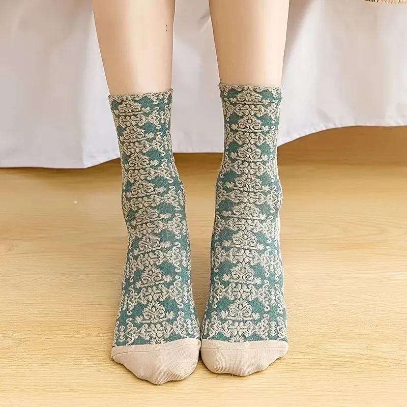 5 Pairs Floral Socks Set, Women Cute Flower Geometric 3D Textured Ankle Cotton Blend Cottagecore Lucky Socks image 5