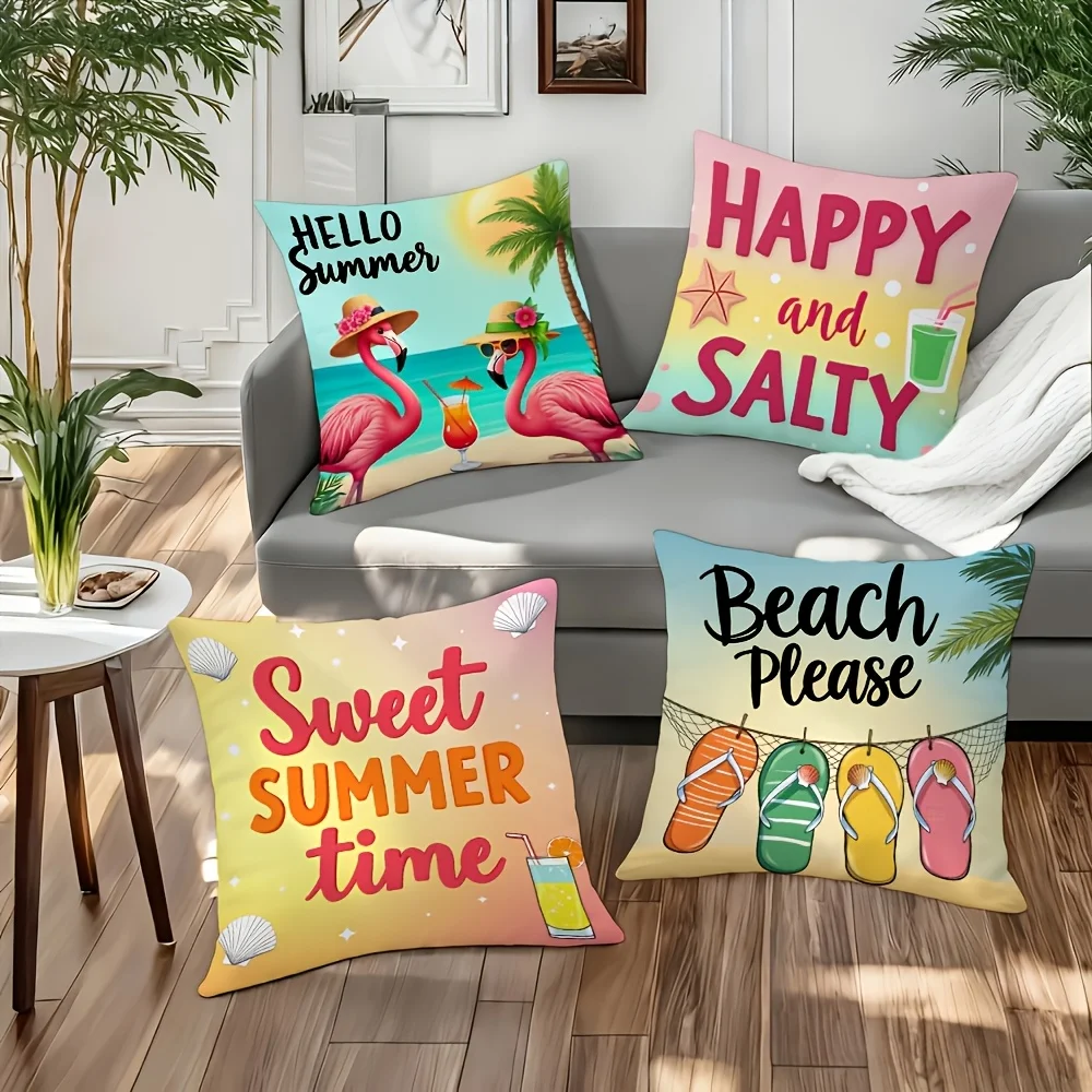 1pc Hello Summer Flamingo Beach Quote Throw Pillow Cover 2D Double-Side Print Polyester Cushion Case for Home Sofa Housewarming