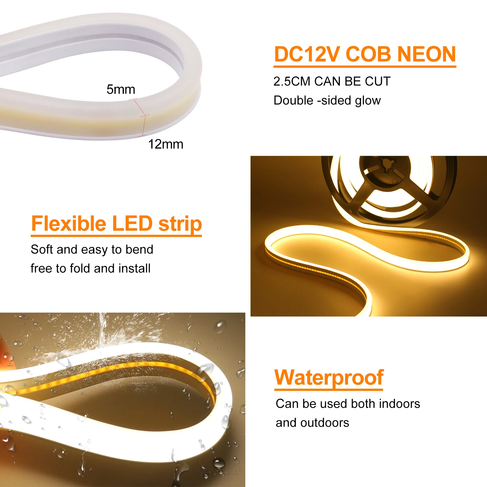 LED COB Neon Strip DC12V 24V 320Leds/m Flexible COB LED Tape Double Side Glow Waterproof Ribbon Rope LED Light 3000K 4000K 6000K