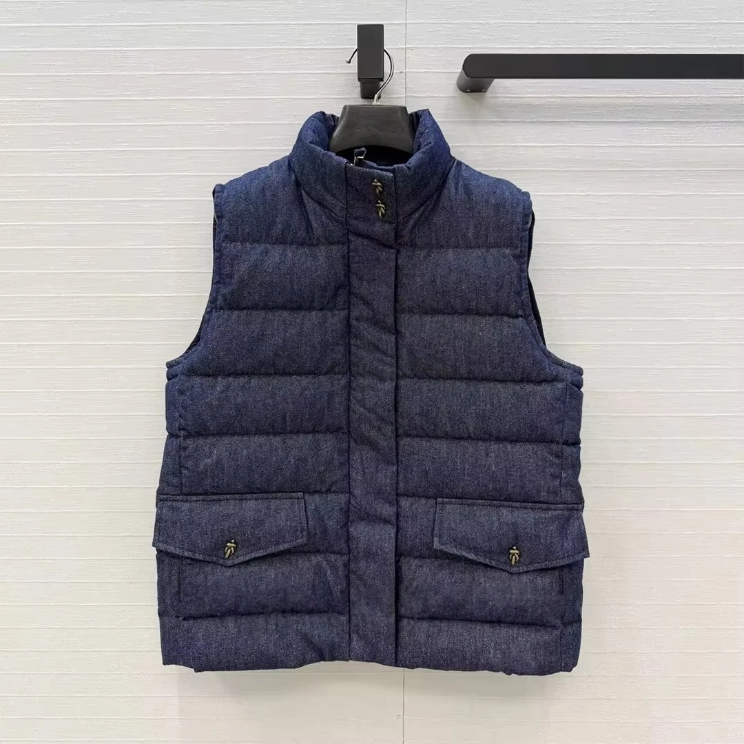 2026 New Winter White Goose Down Warm Denim Vest Coat Women Stripes Quilting Stand Sleeveless Metal Buttons Pockets Chic Jacket