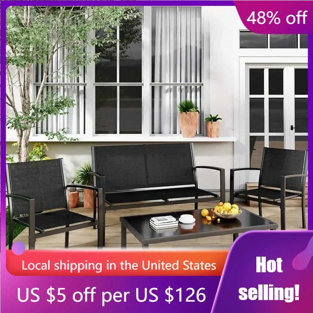 

Outdoor Conversation Sets for Patio Table Poolside With A Glass Coffee Table 4 Pieces Patio Furniture Set Black Lawn Garden Camp