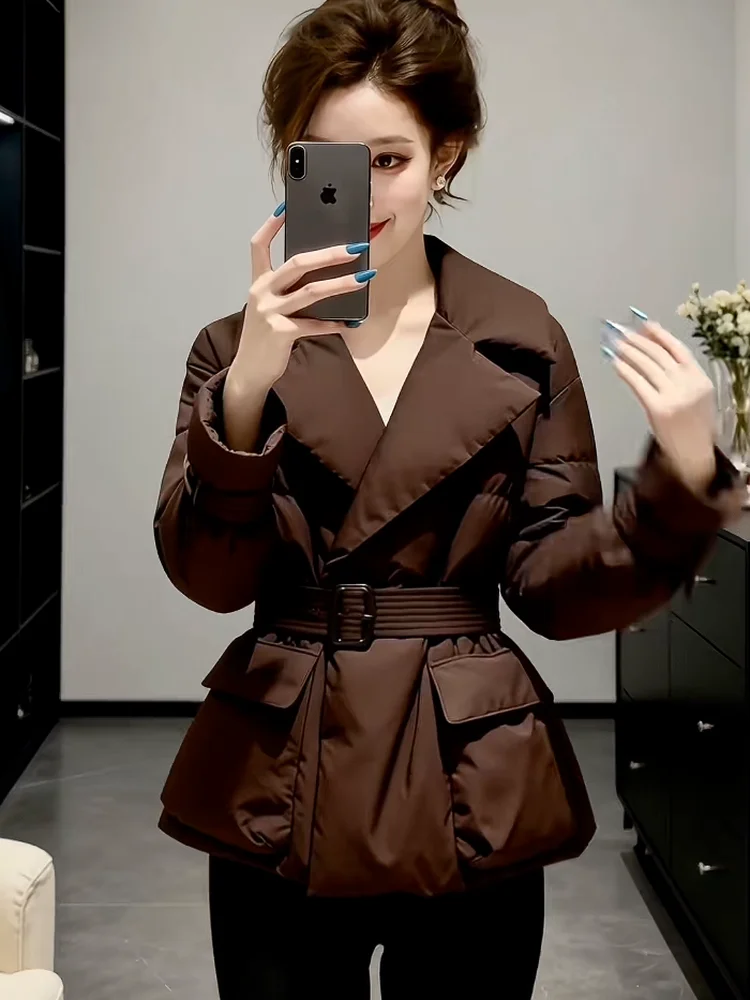 

Легкий или коричневый пышный тюнер, женский костюм с воротником на талии, утягивающее пальто, повседневное пальто из полиэфирного волокна