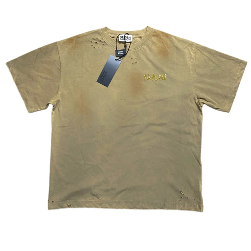 High Street Trend American Washed Black Satoshi Nakamoto T-shirt Summer Round Neck Men Women Distressed Patched Short Sleeved