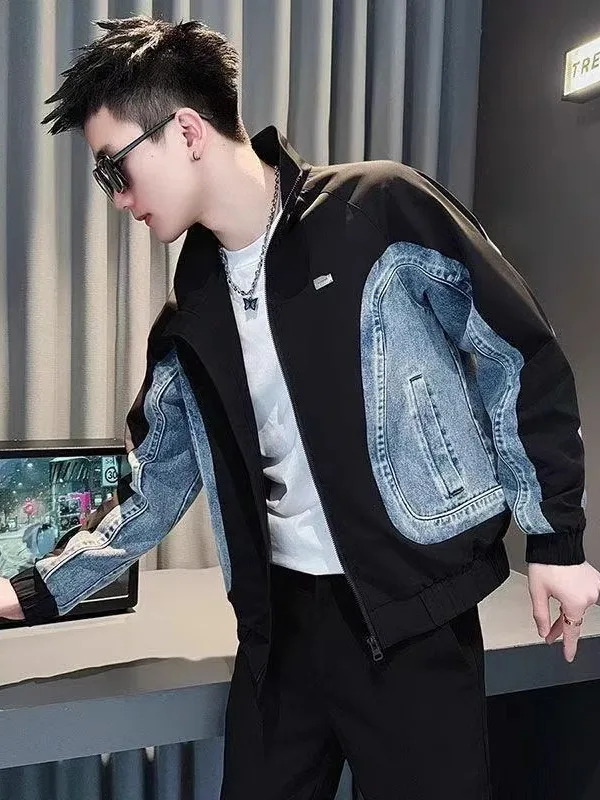

Casual Sle Men's Denim Jaet Spring Autumn Faionable Patchwork Stand Collar Zipper Closure Long Sve Loose Fit Coat