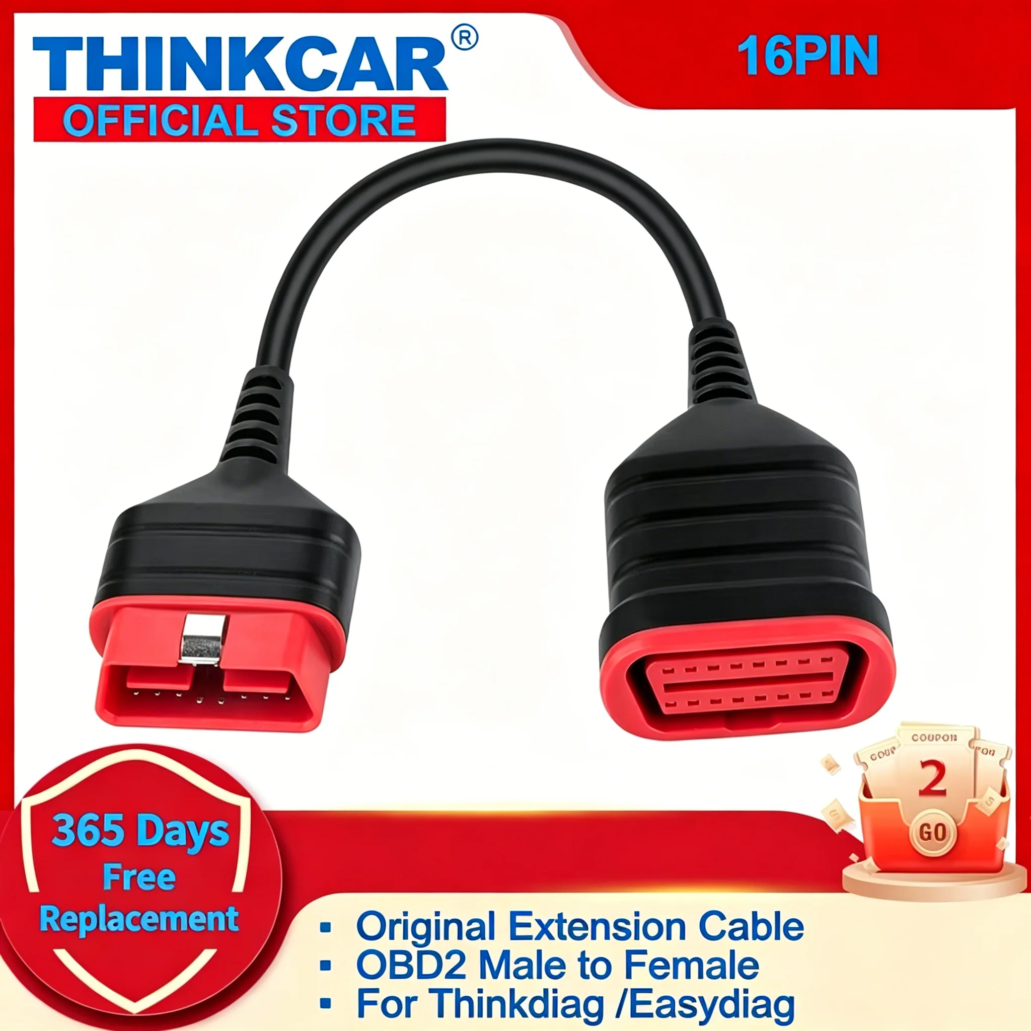 

ThinkDiag OBD2 Male to Female Original Extension Cable 16pin for Easydiag 3.0/Mdiag/Golo Stronger Faster Main Extended Connector
