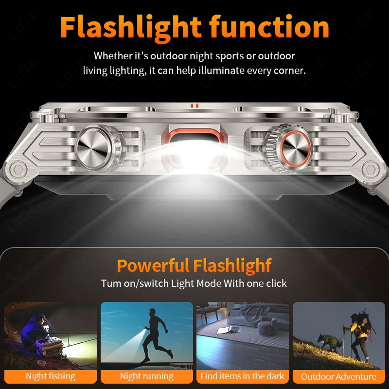 LIGE NEW 2026 Military Men's Smartwatch Women Sports Heart Rate Monitoring Bluetooth Call Waterproof Flashlight Smart Watch