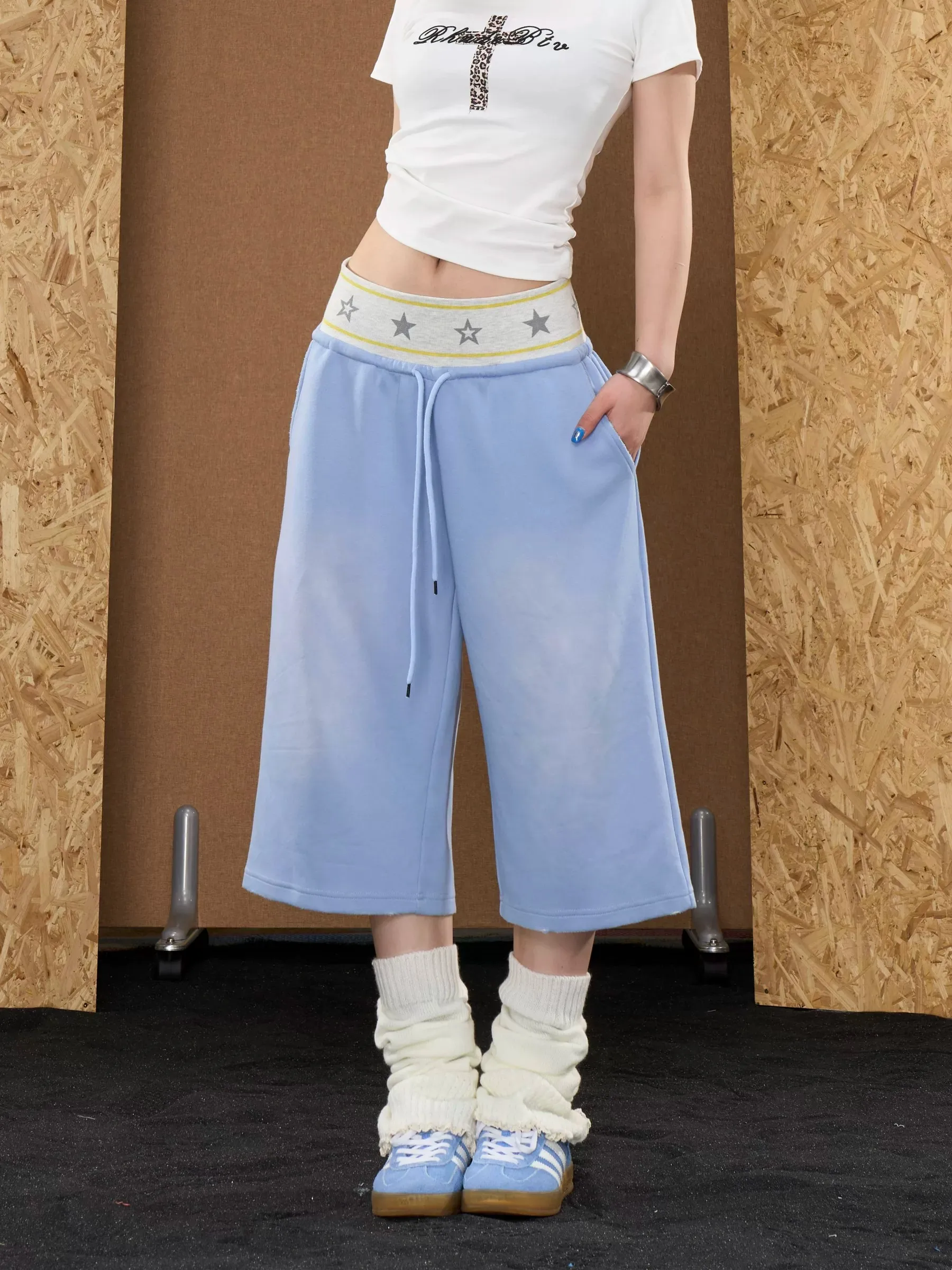 American Retro Style Star Spliced Thin Cotton Drawstring Loose Casual Sports Shorts Women's Summer Seven-Foot Pants